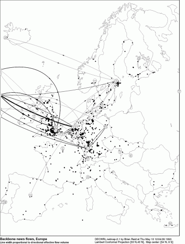 usenet -- Mapa del tráfico europeo en mayo de 1993.